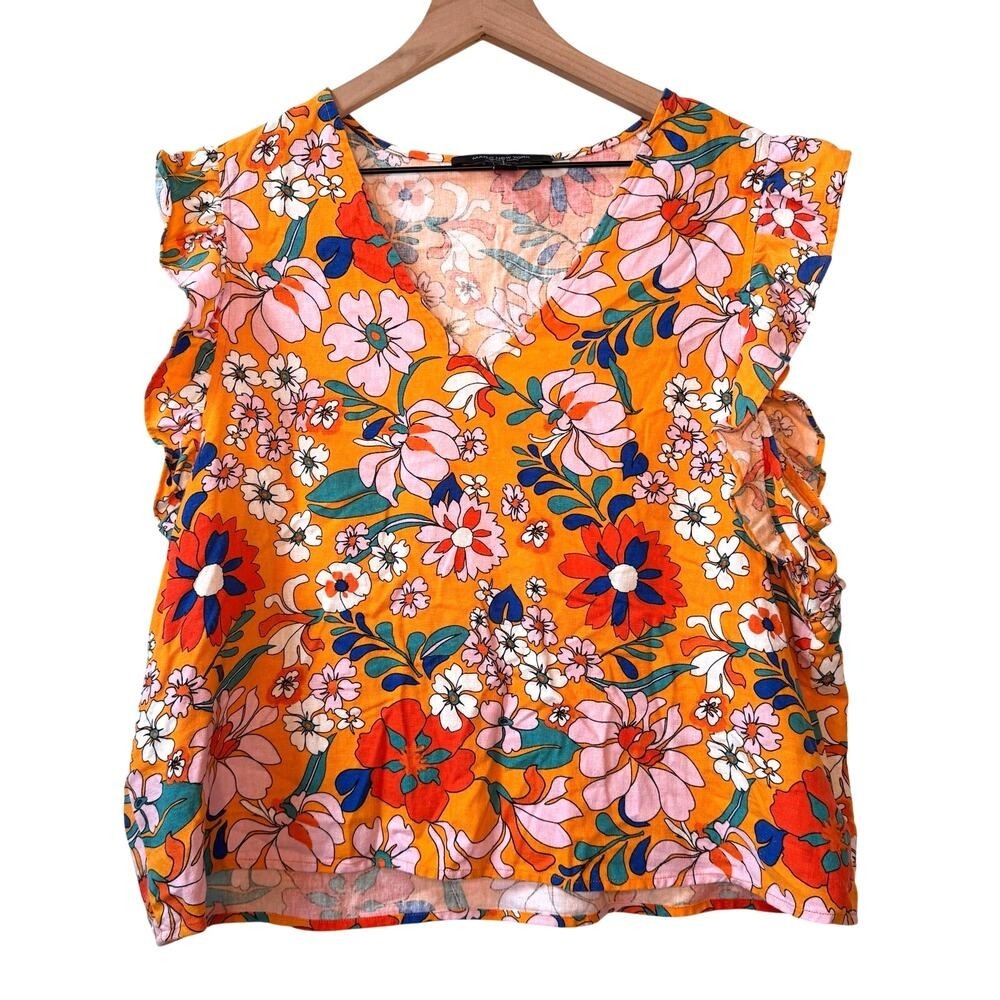 Marc New York Linen Blend Top Women L Orange Floral V-Neck Ruffle Cropped Blouse